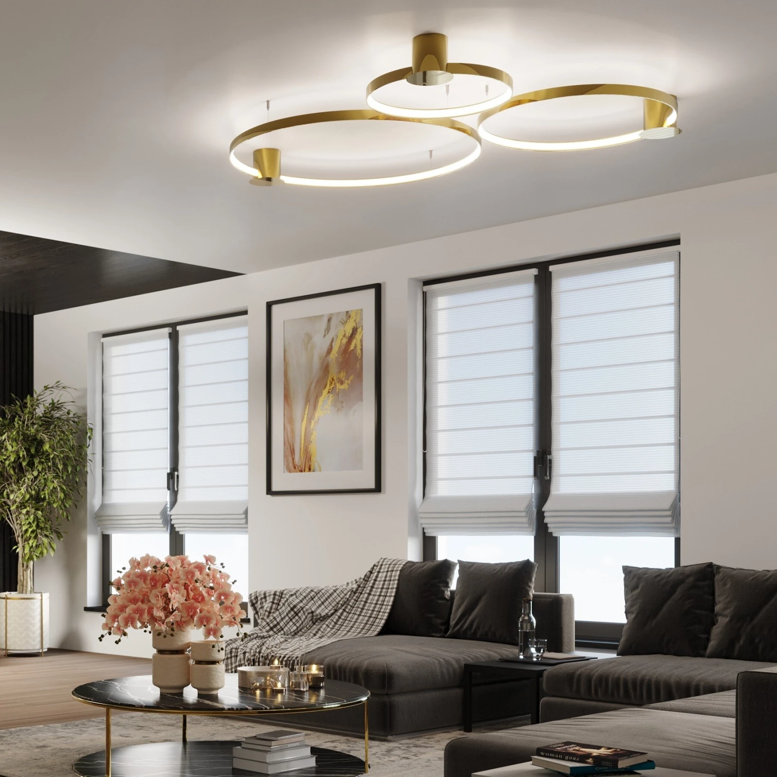 Ceiling lamp 33W – round, polished gold, warm LED