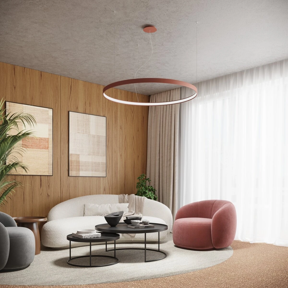 Pendant light 110 cm – round, red ochre, LED 3000K