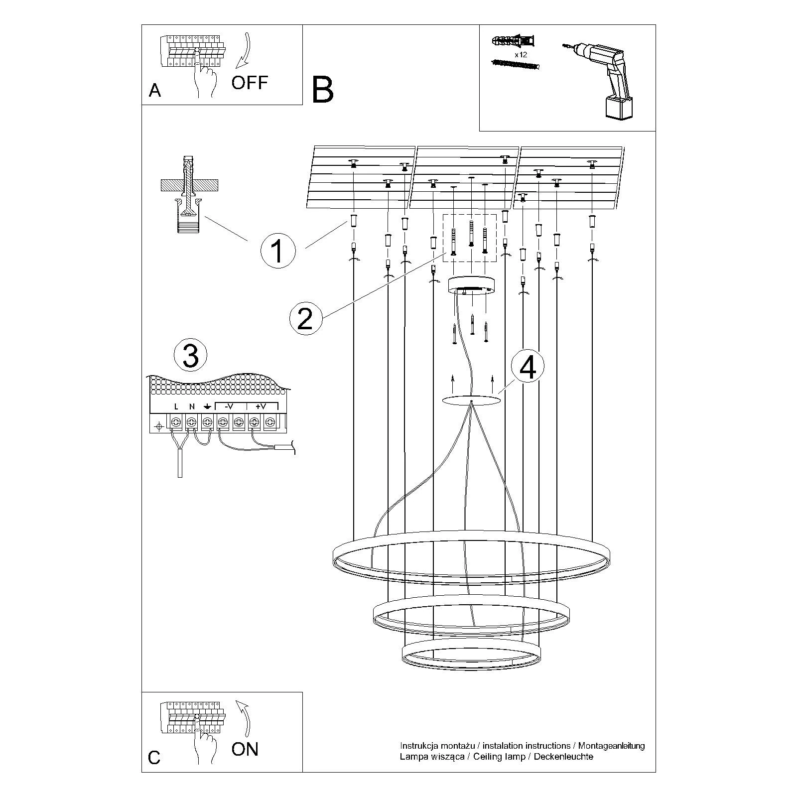 Pakabinamas šviestuvas 100W – trijų žiedų, aukso spalvos, šiltas LED
