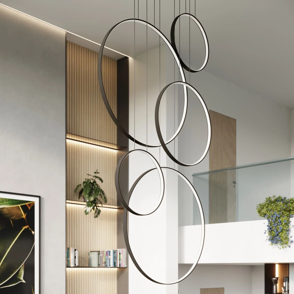 Pakabinamas šviestuvas 173W – 5 žiedai, baltas, šiltai baltas LED
