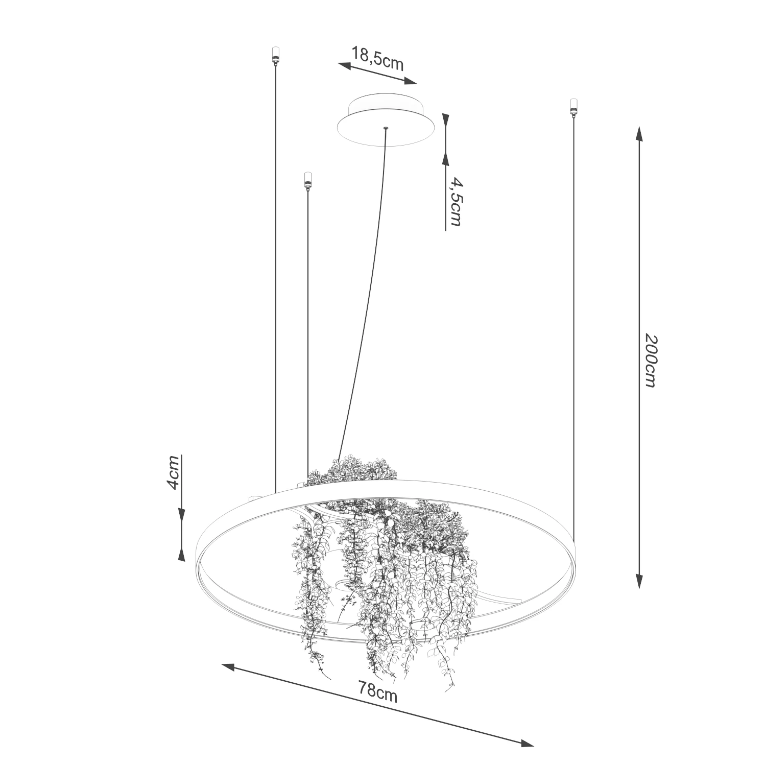 Pendant light 78 cm/33W – round, black, plant feature