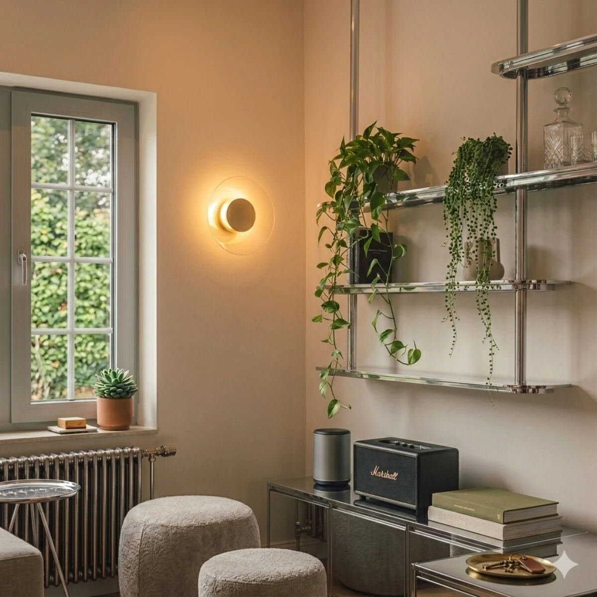 Sieninis šviestuvas 28 cm – apvalus, smėlio spalvos, šiltas LED